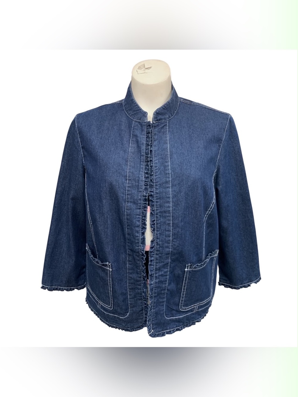 Alfred Dunner Dark Blue Collarless Denim Jacket Size M
